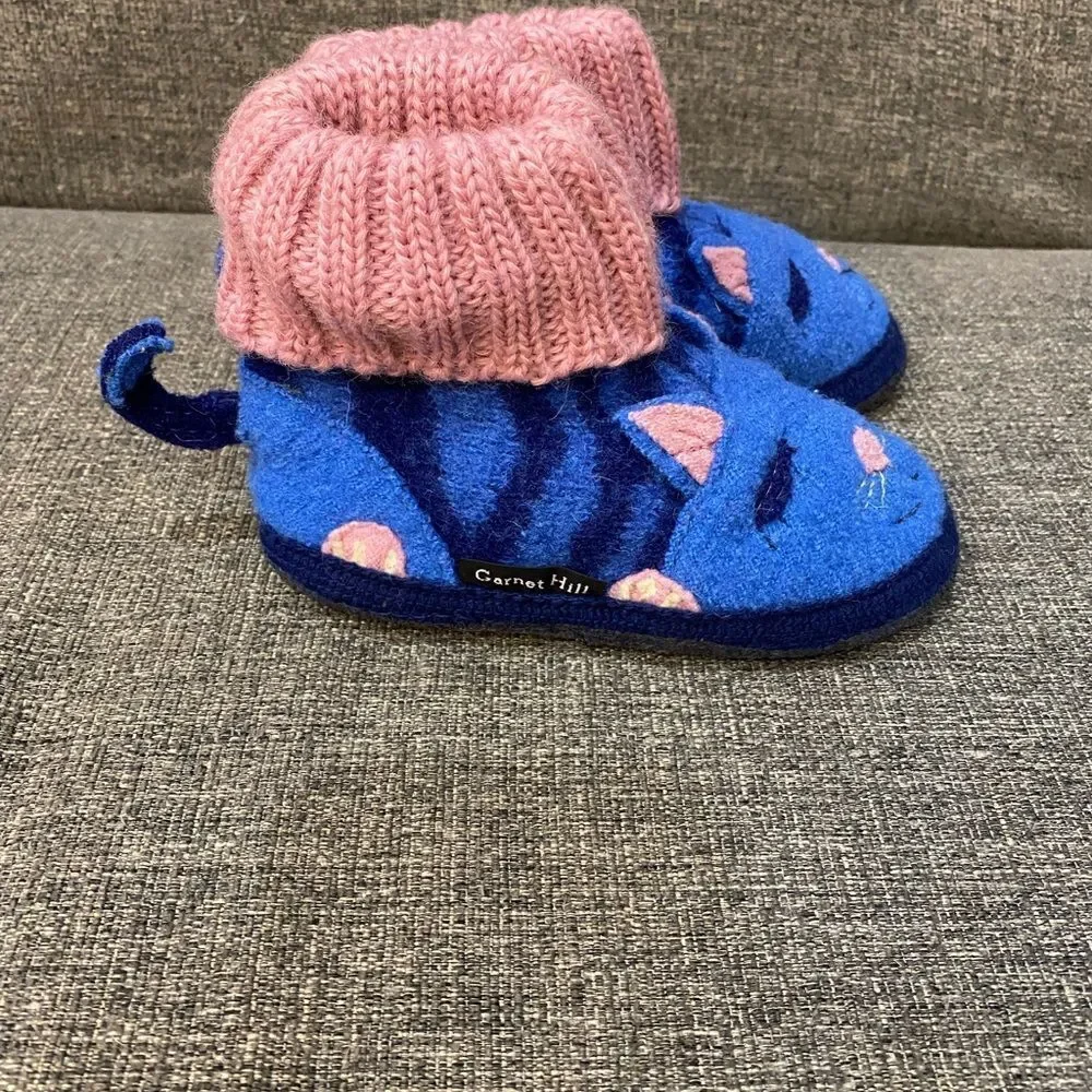 Garnet Hill Boiled Wool Blue Cat Slippers Kids Size 6